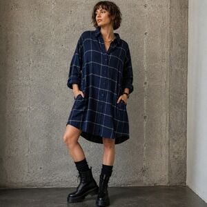 Wildfang Flannel Dress Navy Blue Windowpane Plaid Cotton Oversized 2X